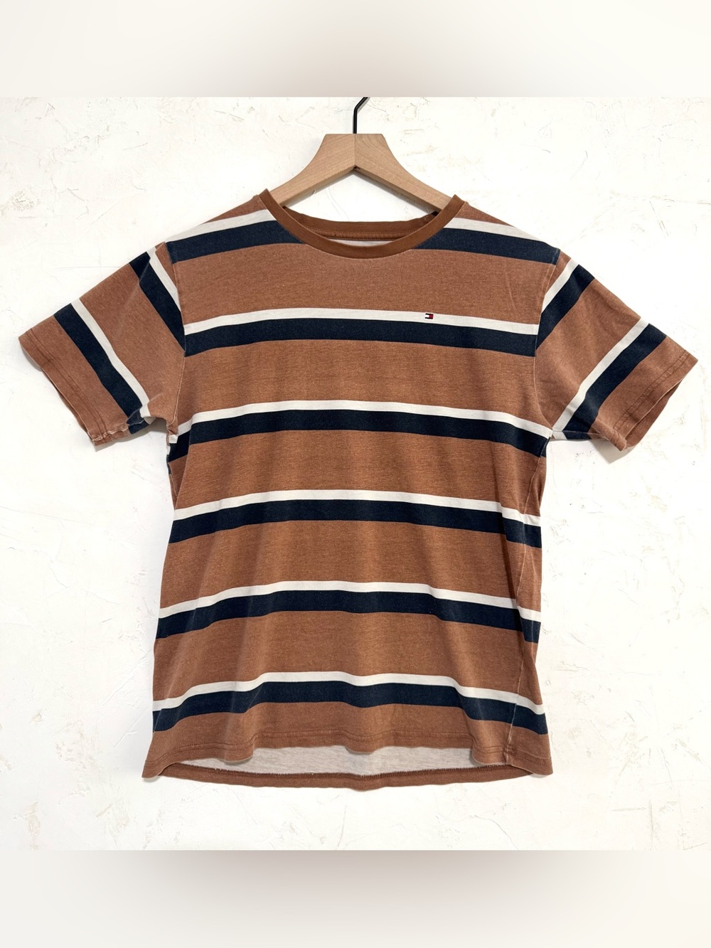 Tommy Hilfiger Boys XL 18/20 Brown Navy Striped Logo T-Shirt